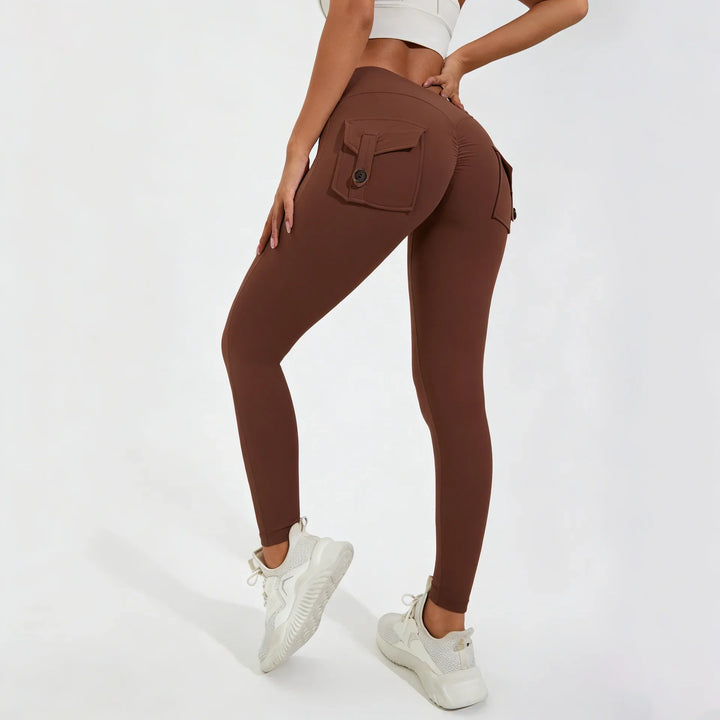 Women's Breathable Yoga Pants with Butt Pocket, Nylon Sports Leggings Brown