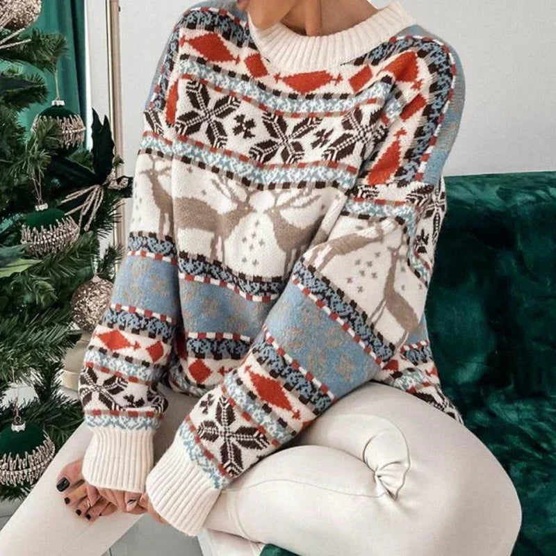 Women's Y2K Style Christmas Winter Sweater with Allover Print and Oversized Fit Beige
