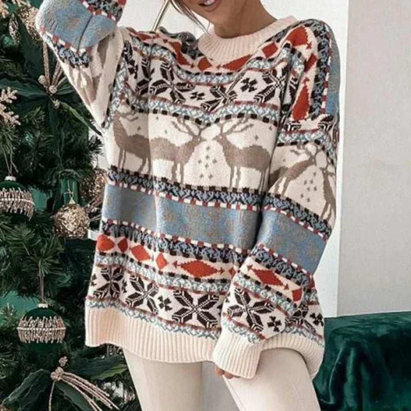 Women's Y2K Style Christmas Winter Sweater with Allover Print and Oversized Fit