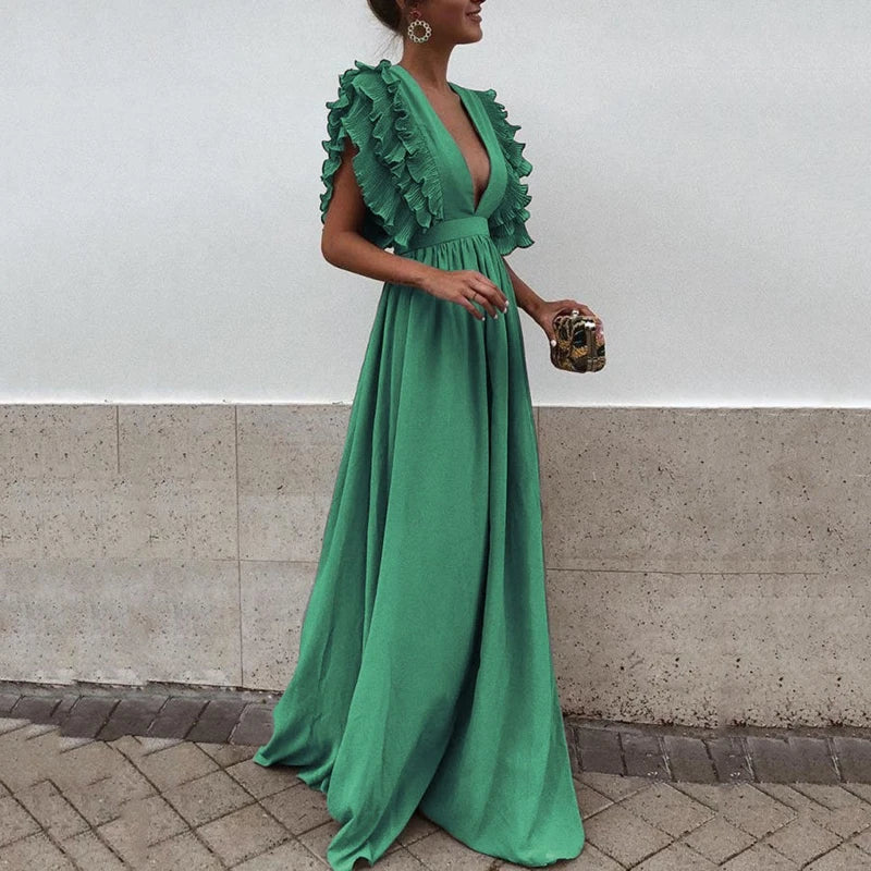 Jill | Women's Elegant Ruffle Maxi Dress Green