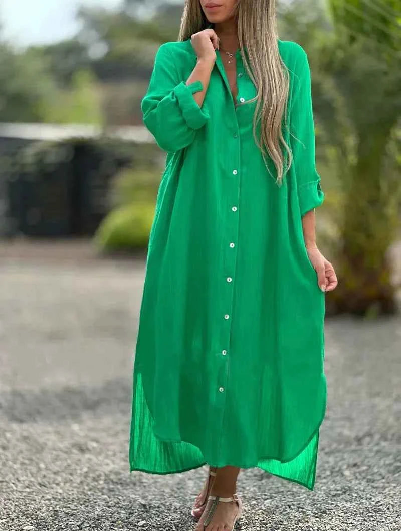 Mia | Elegant Cotton Hemp Summer Dress for Women Dark Green