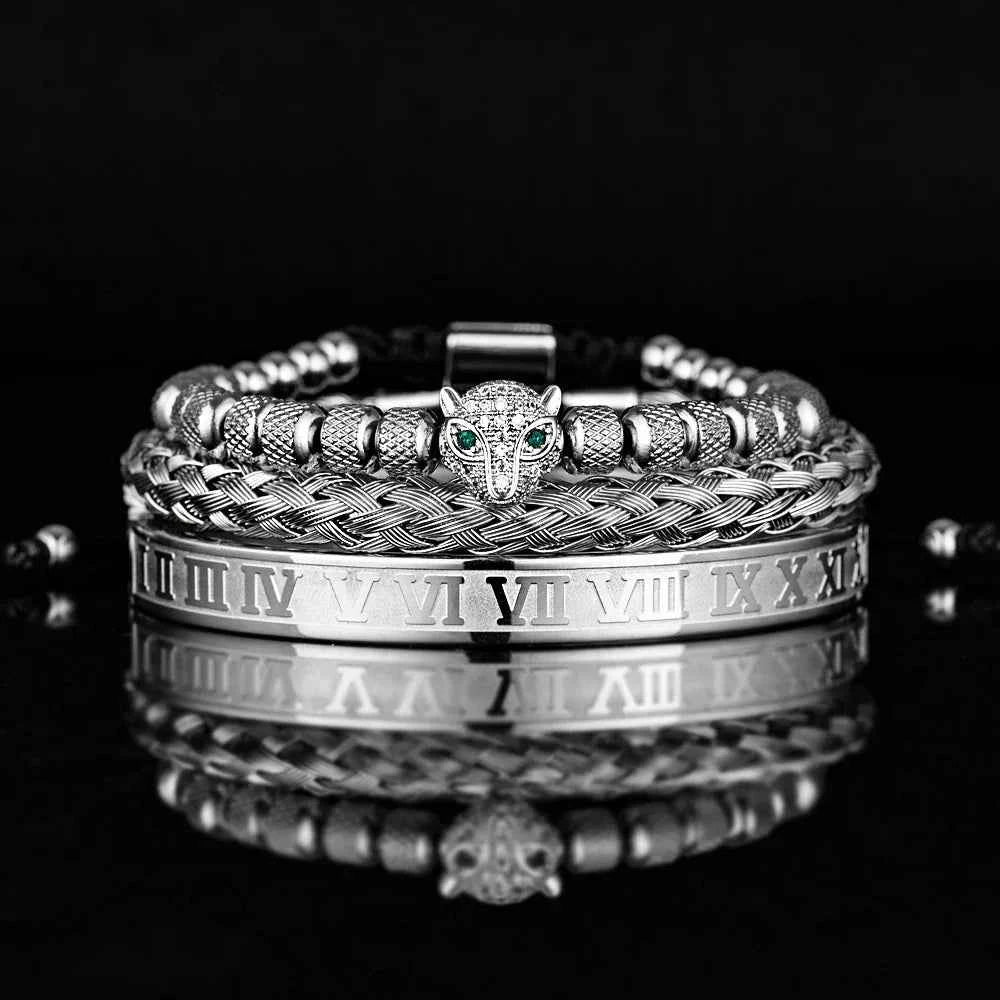 Three-Piece Panther Head Charm Braided Bracelet Set Silver Silver