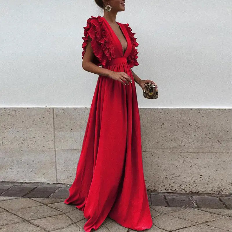 Jill | Women's Elegant Ruffle Maxi Dress Red