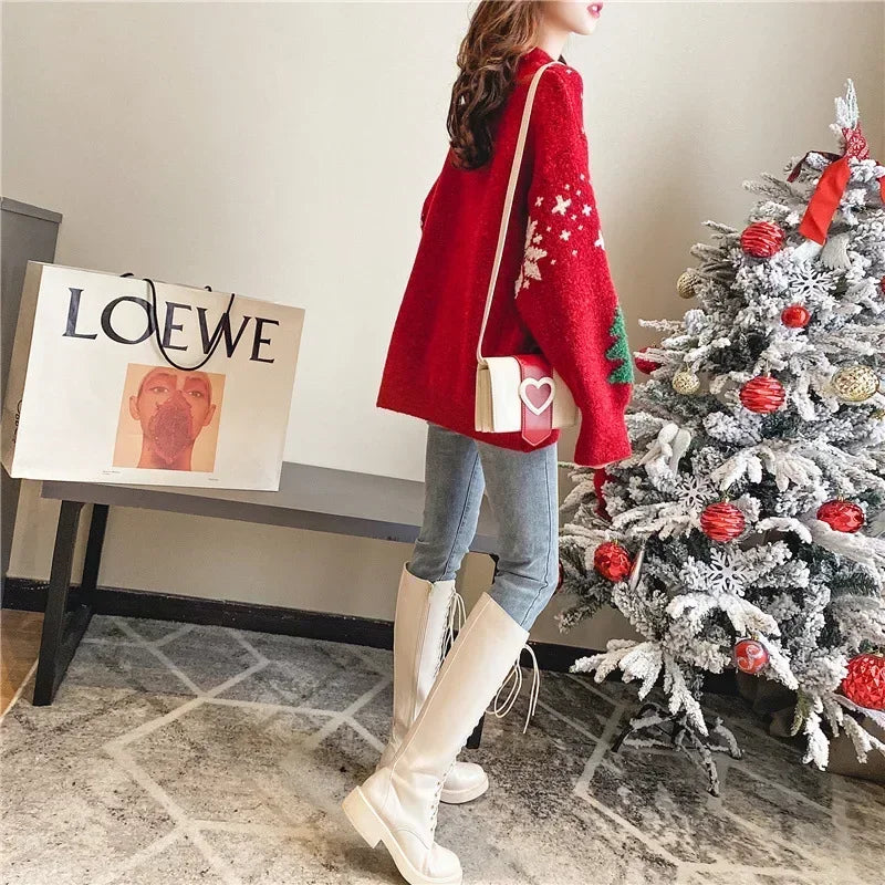 Women's Thickened Color Blocked Christmas Sweater Winter