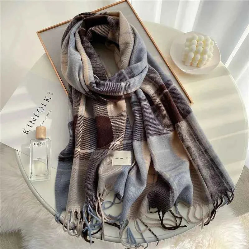 Luxurious Cashmere Plaid Velour Scarf Ash Gray