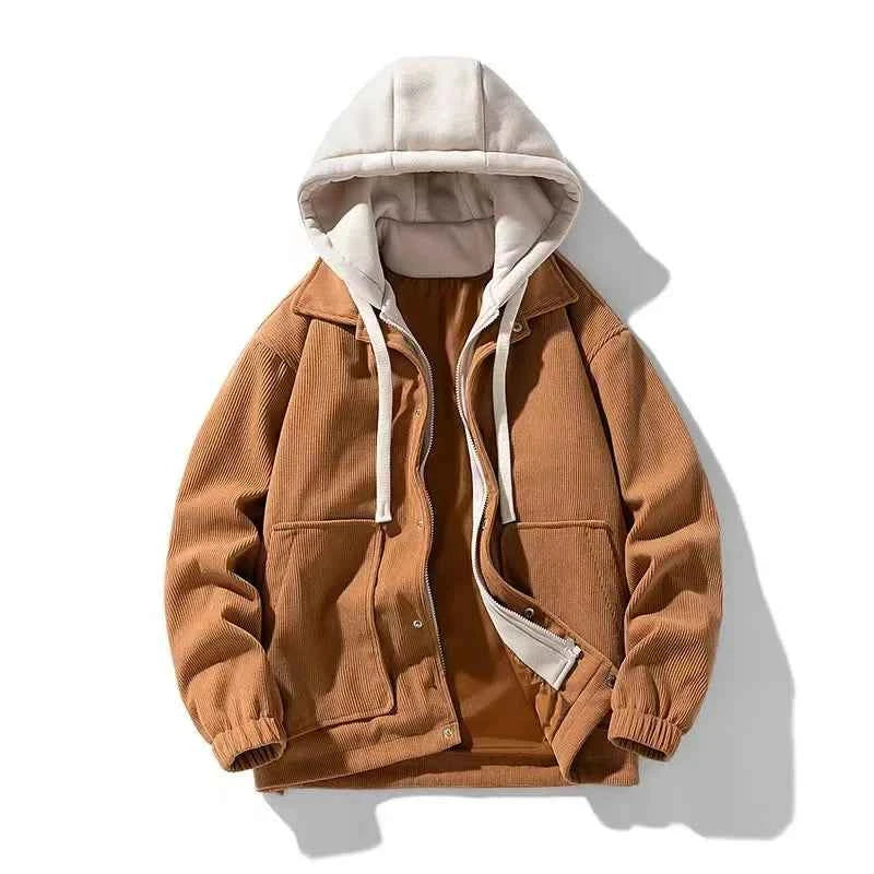 Men's Oversized Corduroy Hoodie Jacket – Textured Winter Streetwear Brown regular autumn