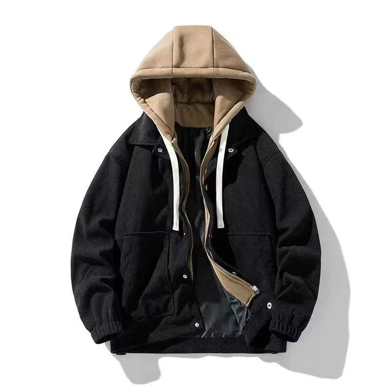 Men's Oversized Corduroy Hoodie Jacket – Textured Winter Streetwear Black regular autumn