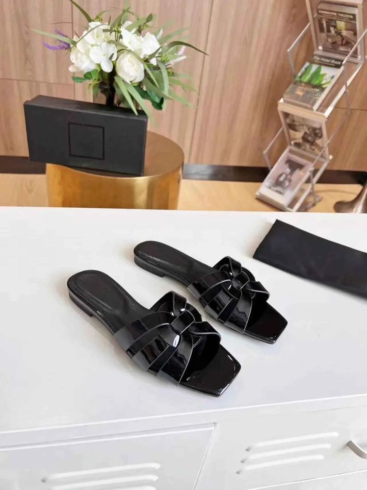 Genuine Leather Square Toe Summer Slides Black