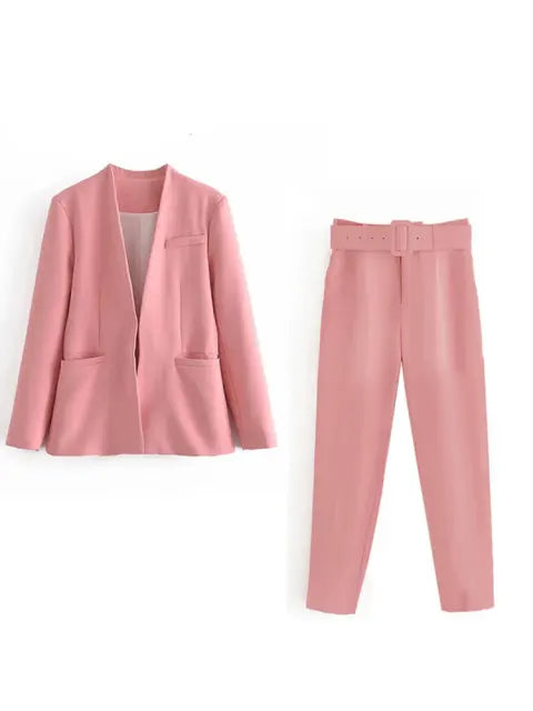 Women's Tailored Blazer and High Waist Trouser Suit Set Pink