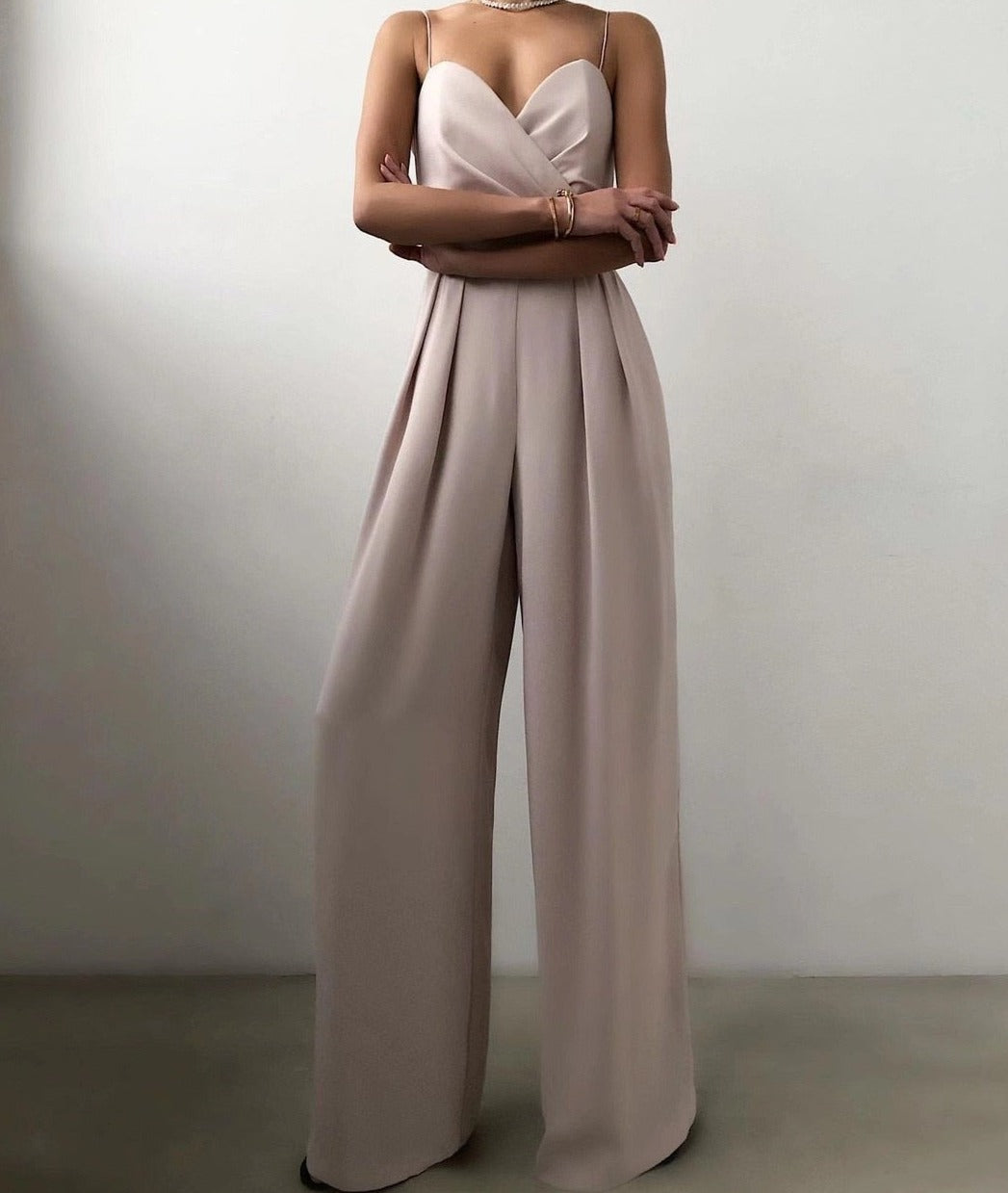 Women's Elegant V-Neck Wrap Jumpsuit with Spaghetti Straps and Wide Legs Pink