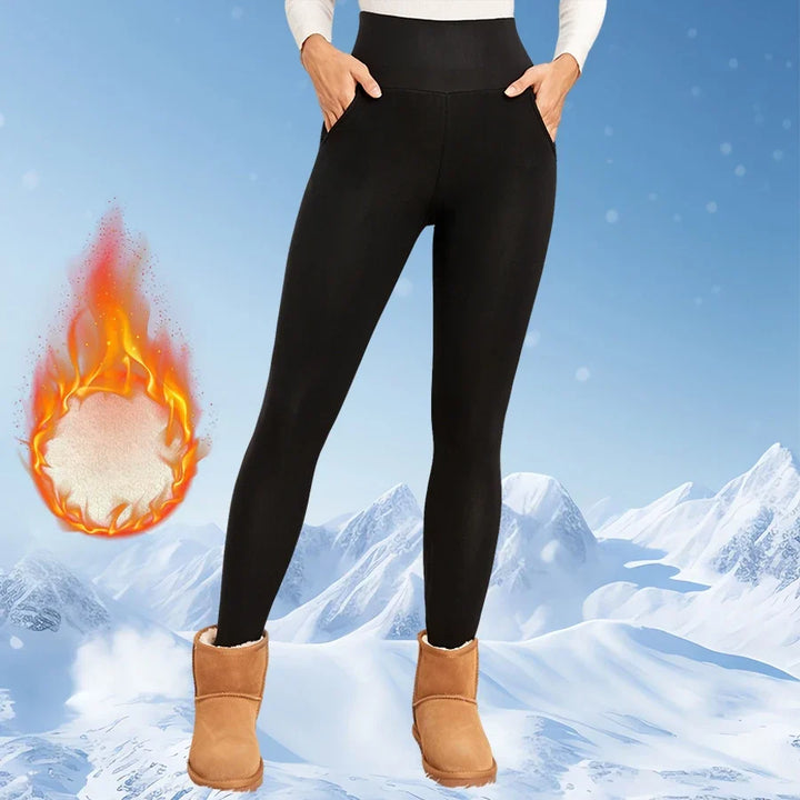 Women's Thick High Waist Fleece Leggings with Flared Design 625Black