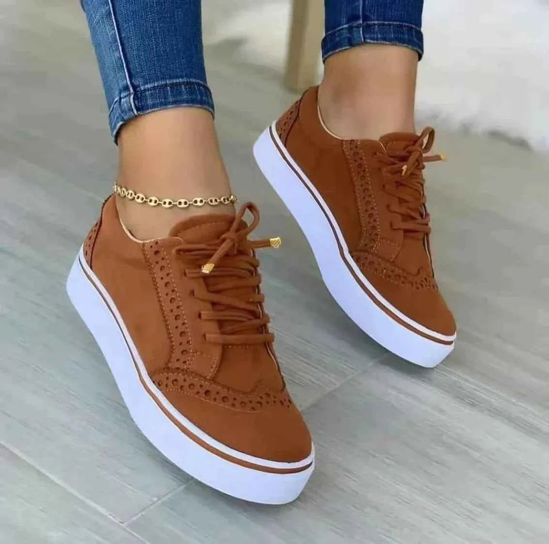 Women's Casual Lace-Up Sneakers with Round Toe Cap - Flat Style