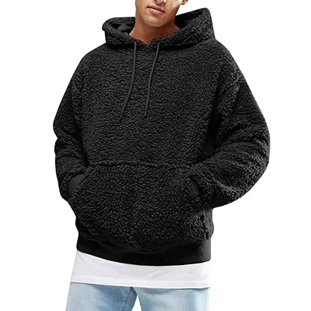 Men's Solid Plush Y2K Streetwear Hoodie Black