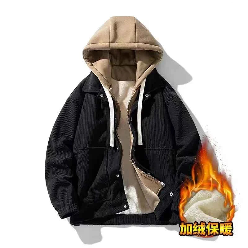 Men's Oversized Corduroy Hoodie Jacket – Textured Winter Streetwear Black winter Plush