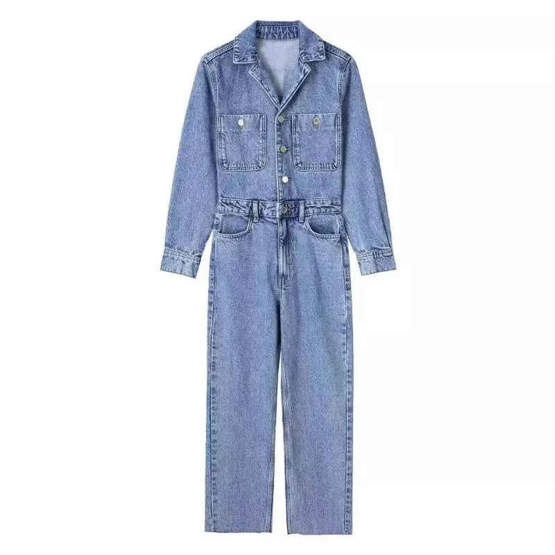 Women's Denim Jumpsuit – Tailored Fit, Button Closure, Long Sleeves, Tapered Legs