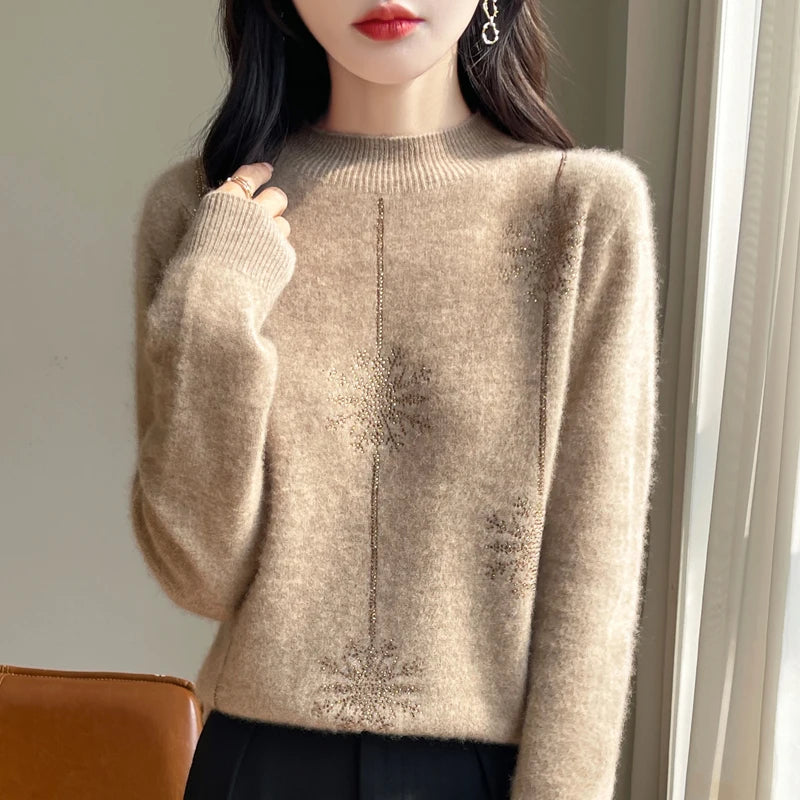 Women's Christmas Style Mock Neck Long Sleeve Warm Pullover Jumper camel