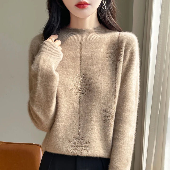 Women's Christmas Style Mock Neck Long Sleeve Warm Pullover Jumper camel