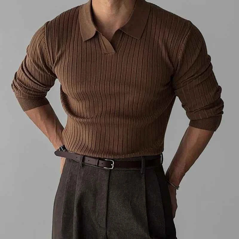 Men's Long Sleeve Striped Polo Shirt Brown