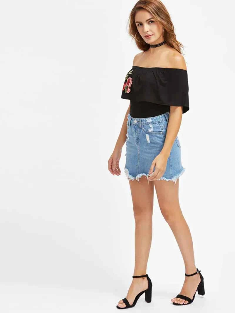 Women's Distressed Denim Mini Skirt with Fringe Hem - Casual Slim Fit