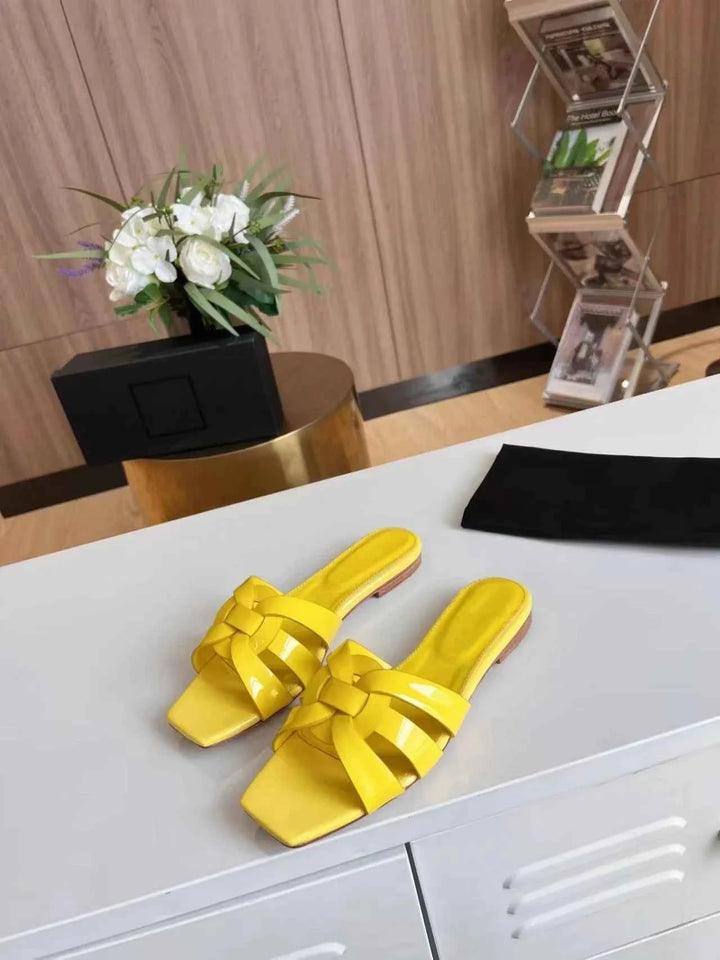 Genuine Leather Square Toe Summer Slides Yellow
