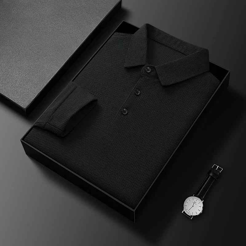 Men's Long Sleeve Polo Shirt – Textured, Breathable Fabric for Comfort Black