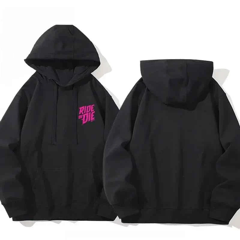 Men and Women 'Ride or Die' Cotton Hoodie Black2