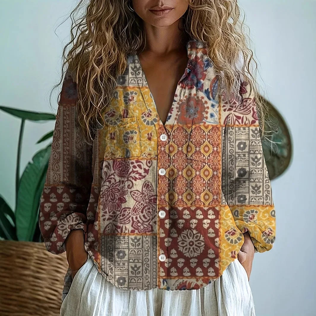 Women's Floral Print V-Neck Blouse in Vintage Style Mustard
