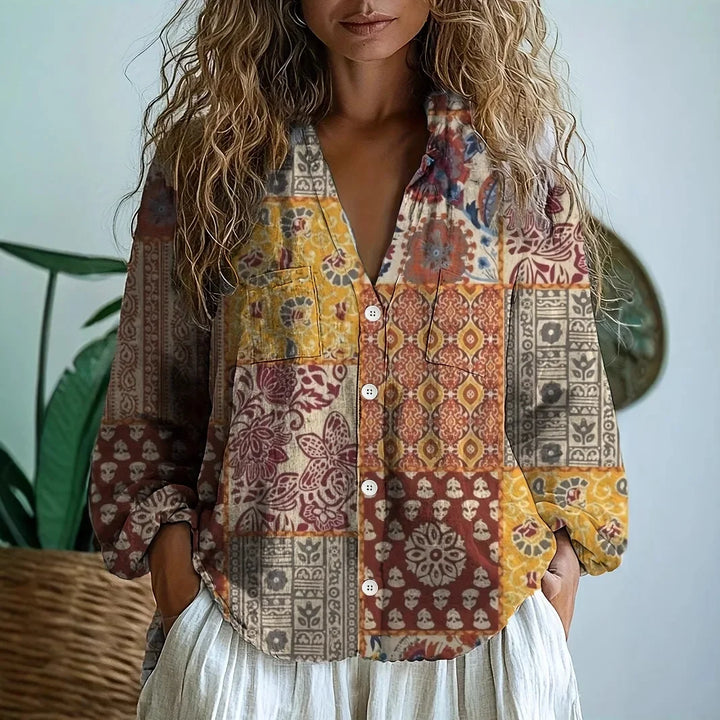 Women's Floral Print V-Neck Blouse in Vintage Style Mustard