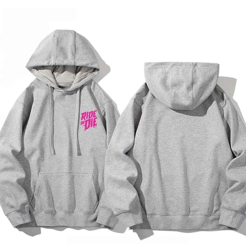 Men and Women 'Ride or Die' Cotton Hoodie Gray