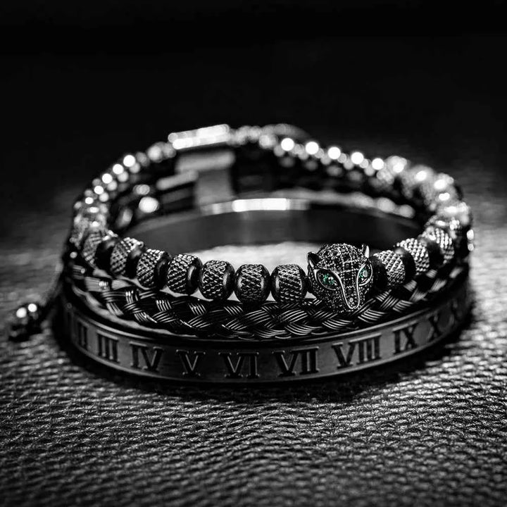 Three-Piece Panther Head Charm Braided Bracelet Set