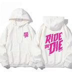 Men and Women 'Ride or Die' Cotton Hoodie White