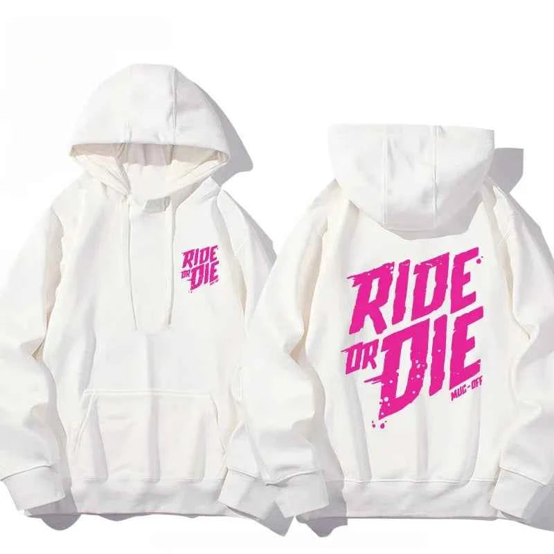 Men and Women 'Ride or Die' Cotton Hoodie White