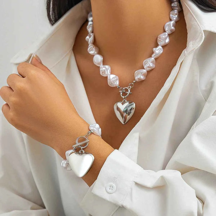 Elegant Pearl Heart Jewelry Set Silver Set