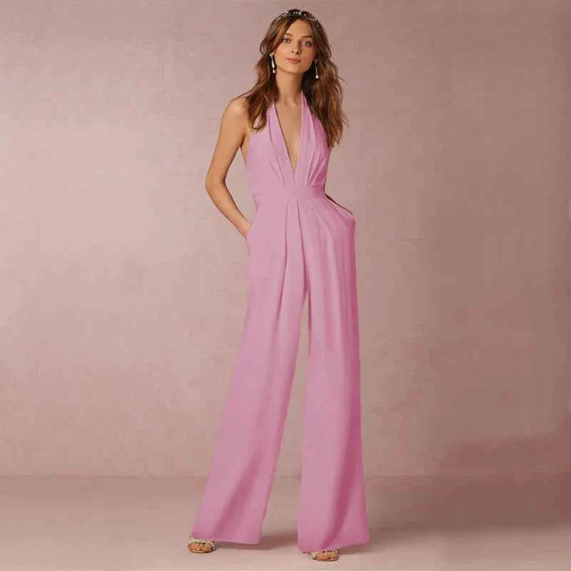 Women's Elegant V Neck Backless Wide Leg Jumpsuit