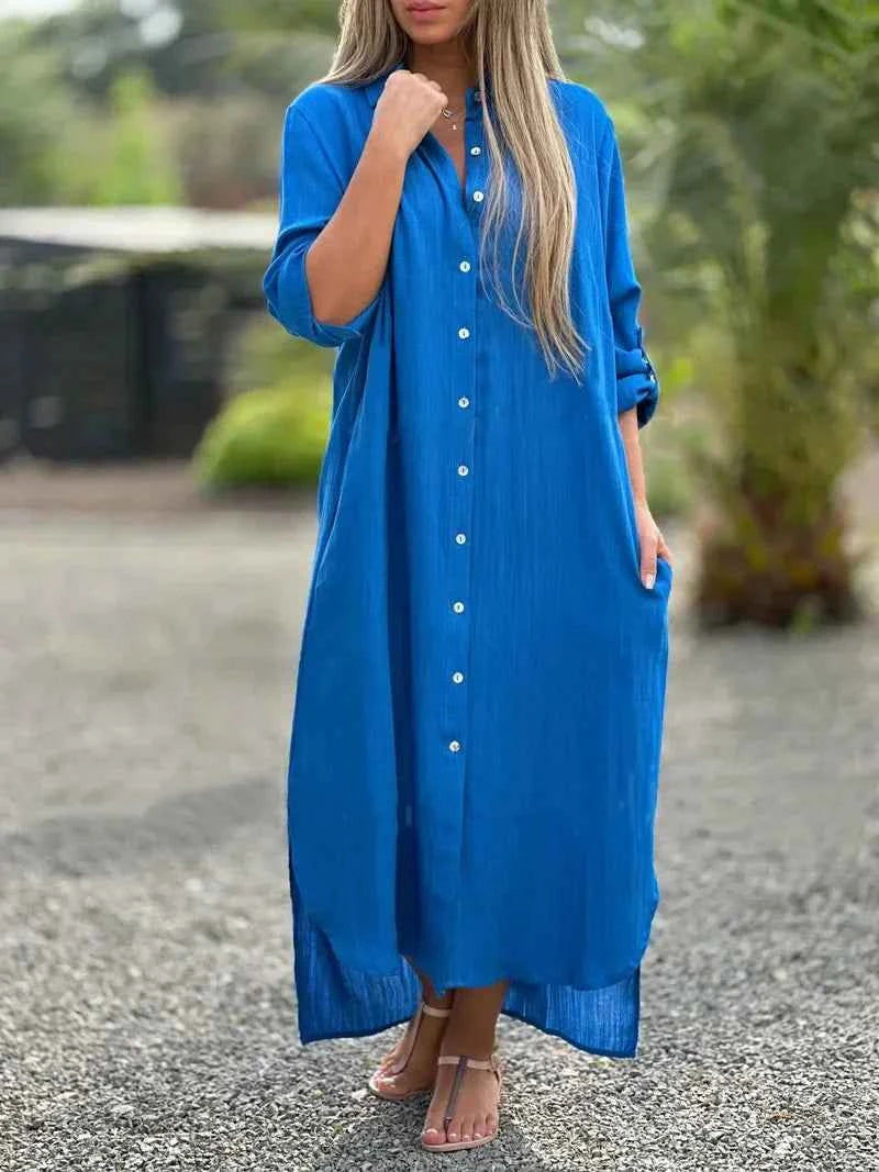 Mia | Elegant Cotton Hemp Summer Dress for Women Dark Blue
