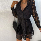 Women's Elegant Lace Mini Dress with Long Sleeves and Belt Black