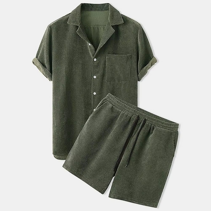 Men's Summer Corduroy 2-Piece Set – Short Sleeve Shirt & Shorts Green