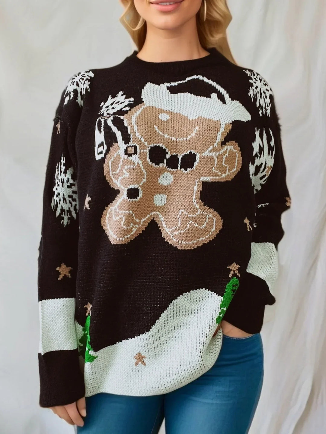Women's Christmas Snowman Knitted Long Sleeve Jumper black