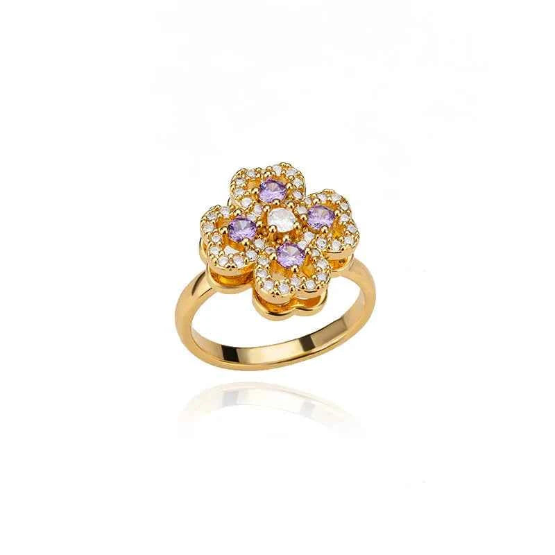 Adjustable Lucky Clover Ring Amethyst Gold