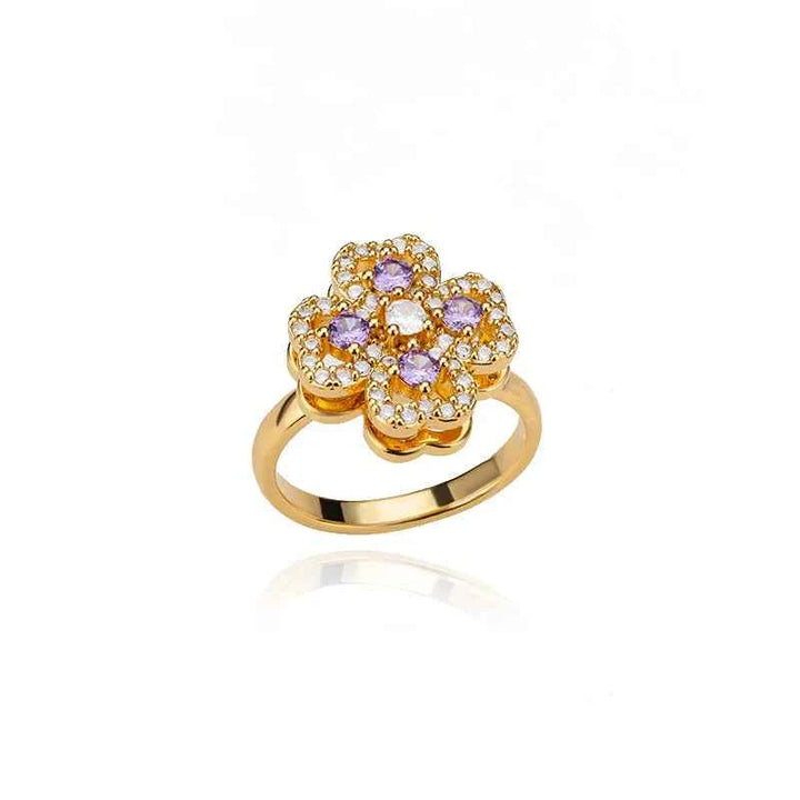 Adjustable Lucky Clover Ring Amethyst Gold