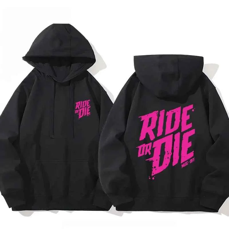 Men and Women 'Ride or Die' Cotton Hoodie Black