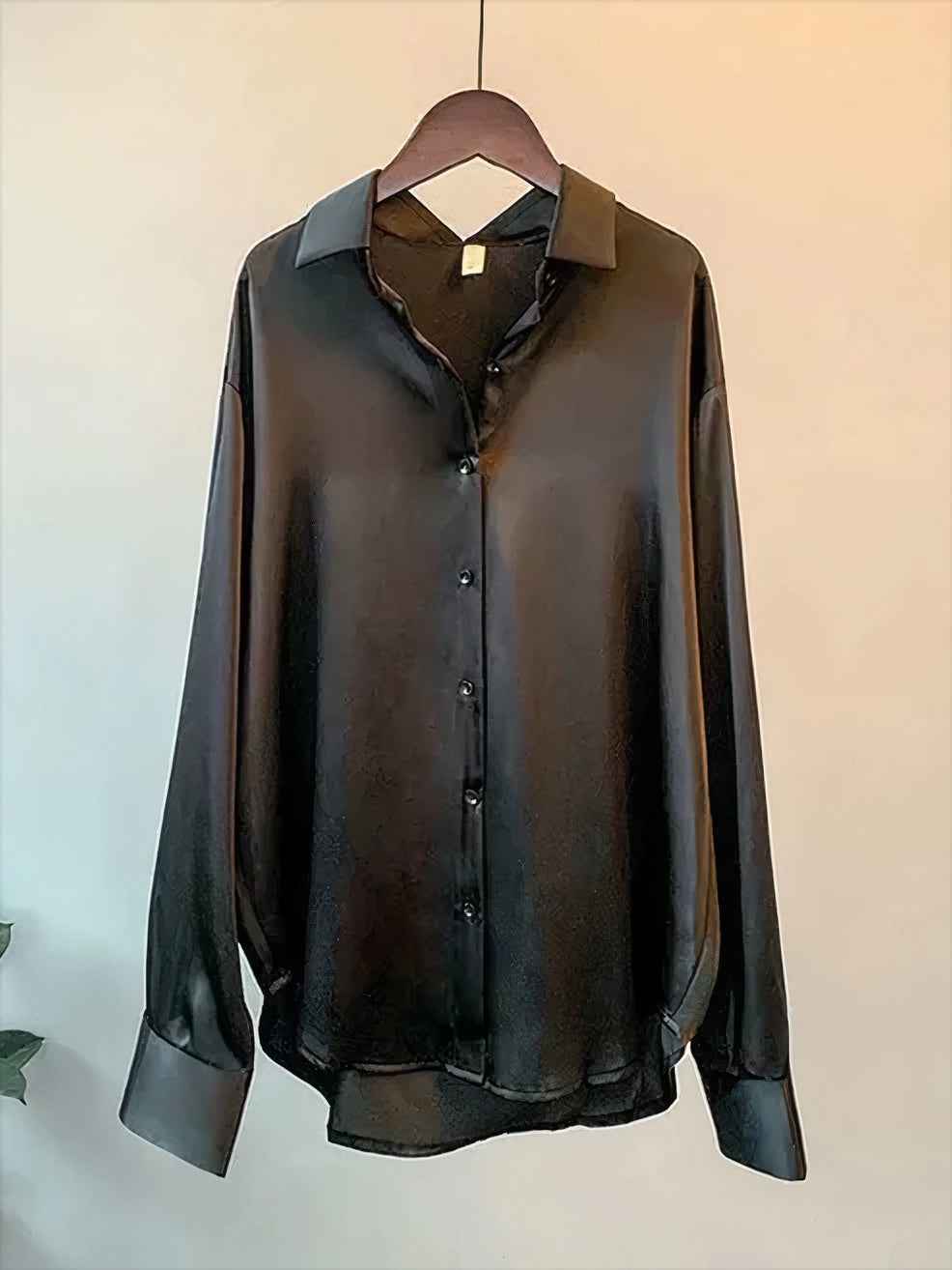 Women's Satin Long Sleeve Blouse with Button Collar Black