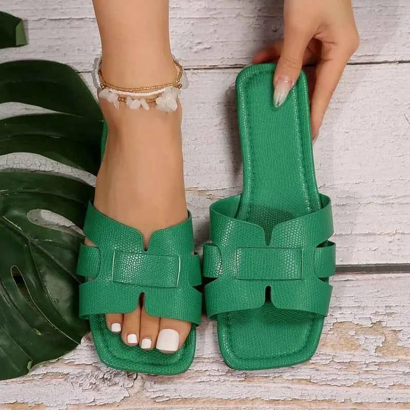 Women's Designer Open Toe Flat Slides – Summer Casual Sandals green