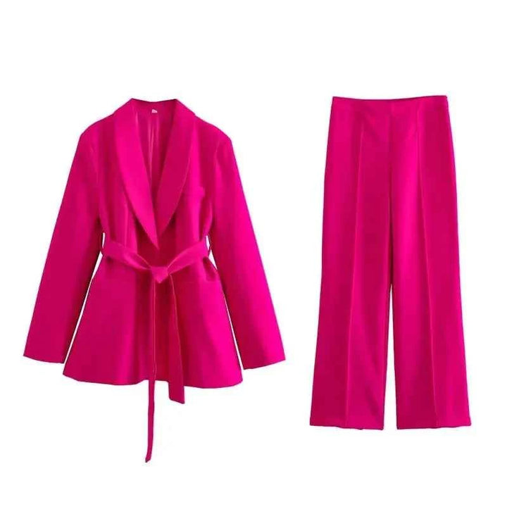 Women's Tailored Blazer Pantsuit - Shawl Collar, High Waist, Straight Legs Pink Suit