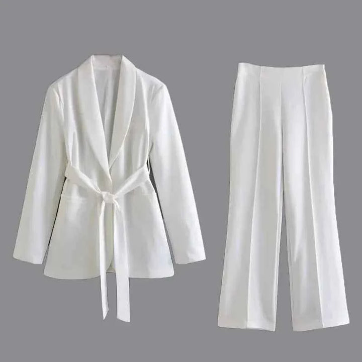 Women's Tailored Blazer Pantsuit - Shawl Collar, High Waist, Straight Legs