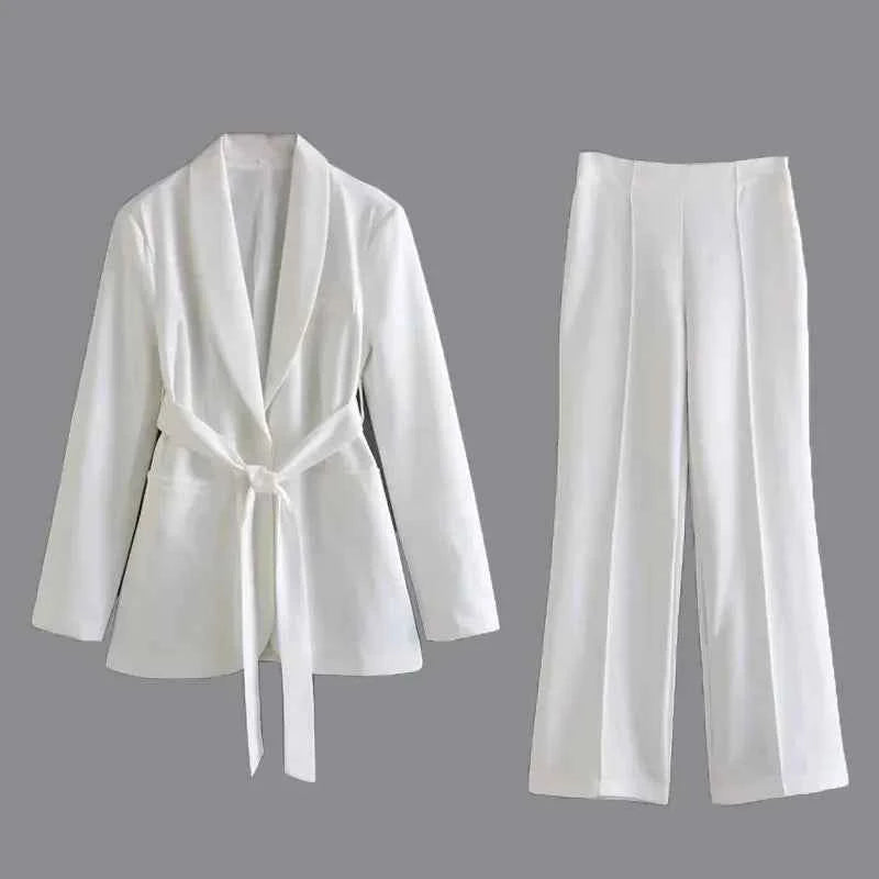 Women's Tailored Blazer Pantsuit - Shawl Collar, High Waist, Straight Legs White Suit