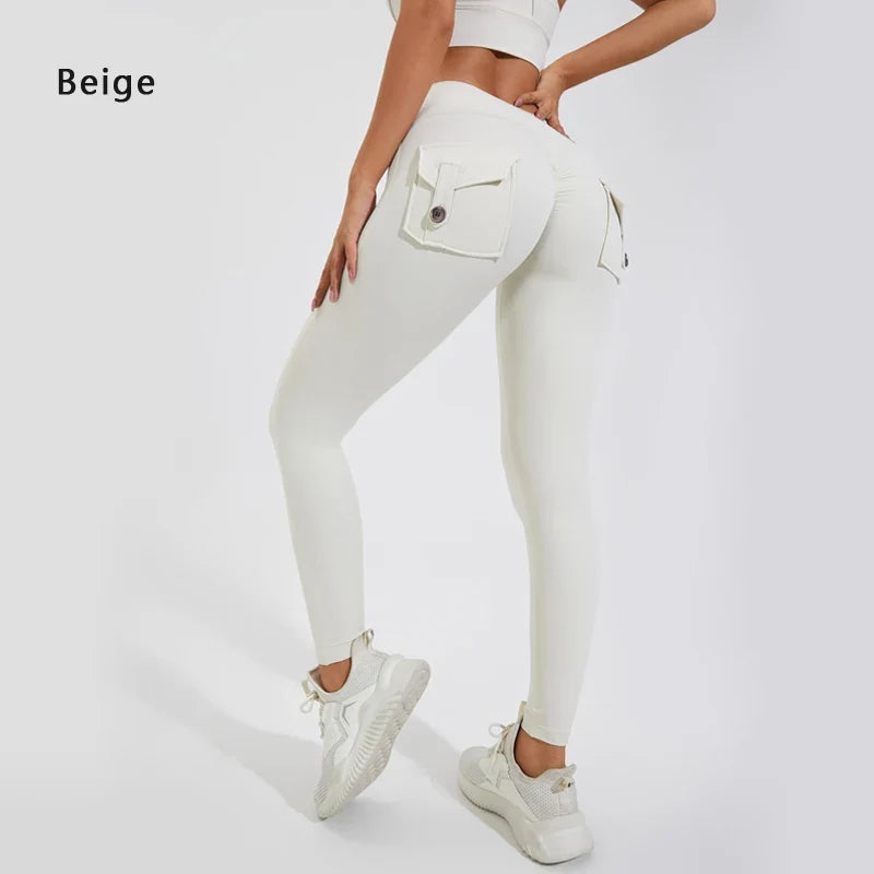 Women's Breathable Yoga Pants with Butt Pocket, Nylon Sports Leggings Beige