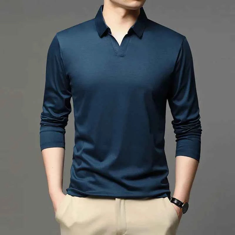 Men's Slim Fit Long Sleeve Polo Shirt with Classic Collar – Comfort Stretch Navy Blue