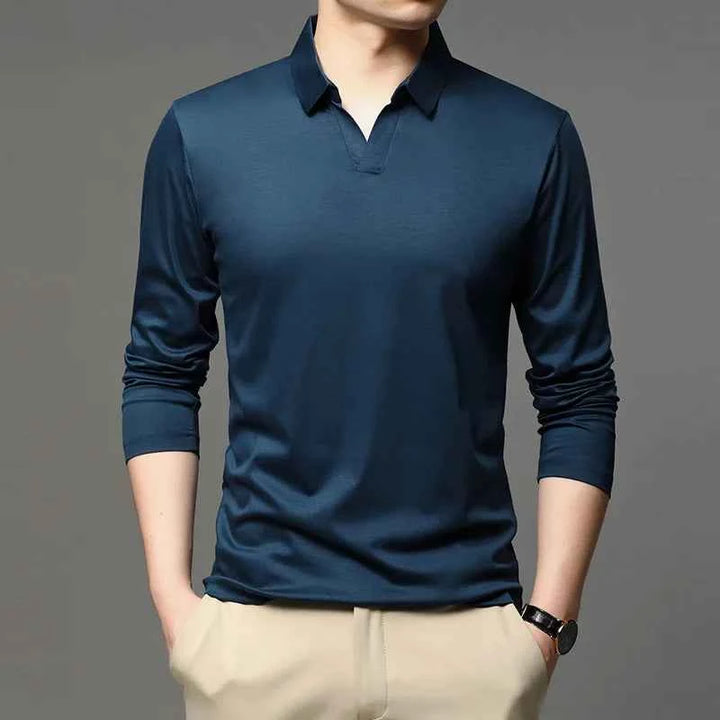 Men's Slim Fit Long Sleeve Polo Shirt with Classic Collar – Comfort Stretch Navy Blue