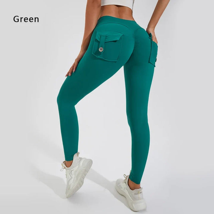 Women's Breathable Yoga Pants with Butt Pocket, Nylon Sports Leggings Green